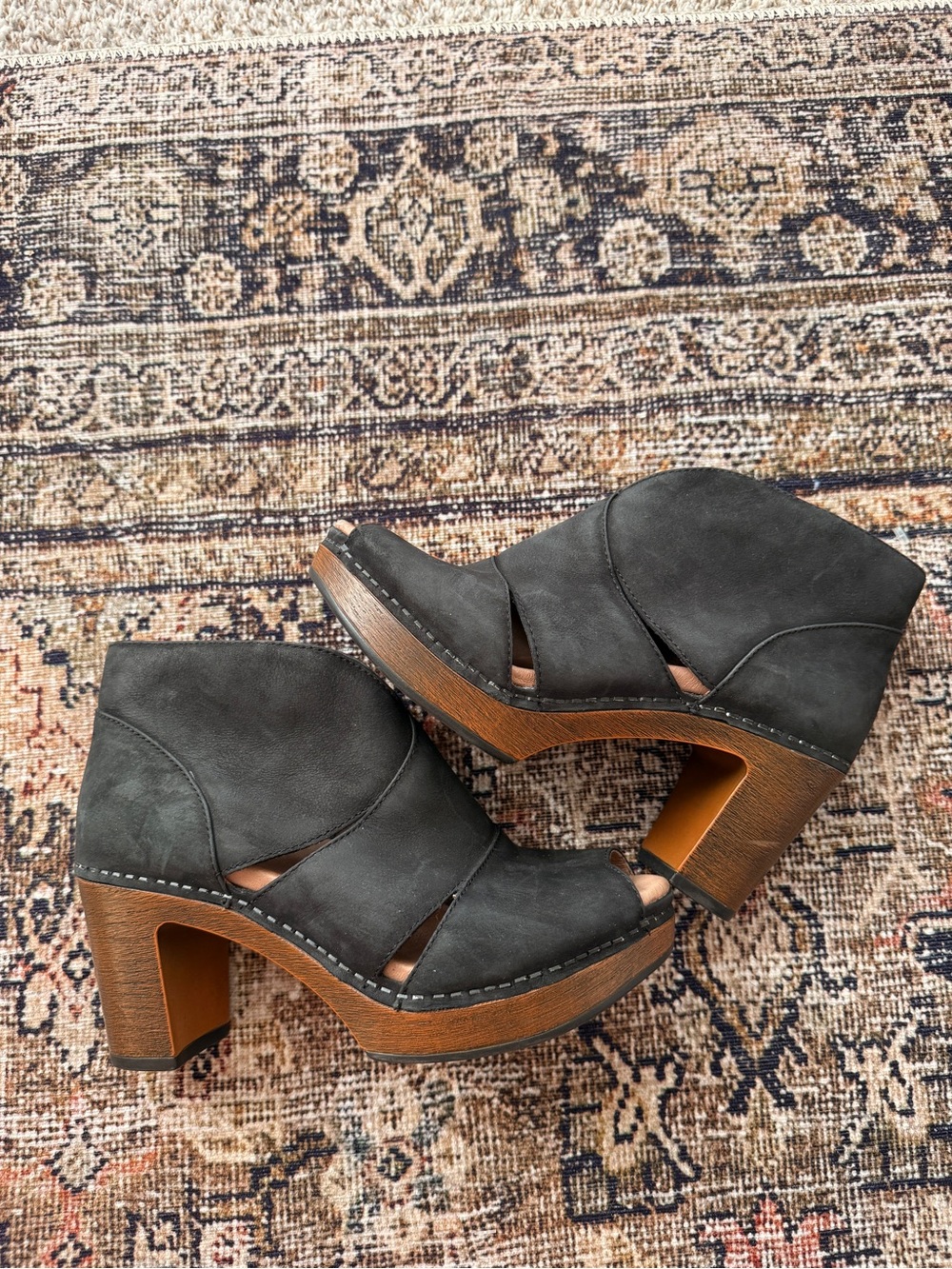 Dansko Delphina Black Leather Peep Toe Clog Booties Block Heel Cutout Comfort
